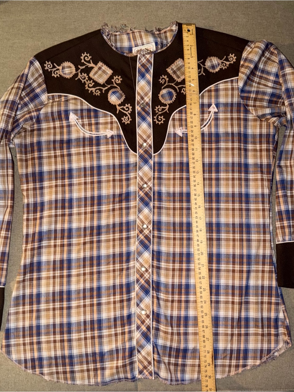 Men's Plaid Western Button-Down Shirt in Brown and Blue